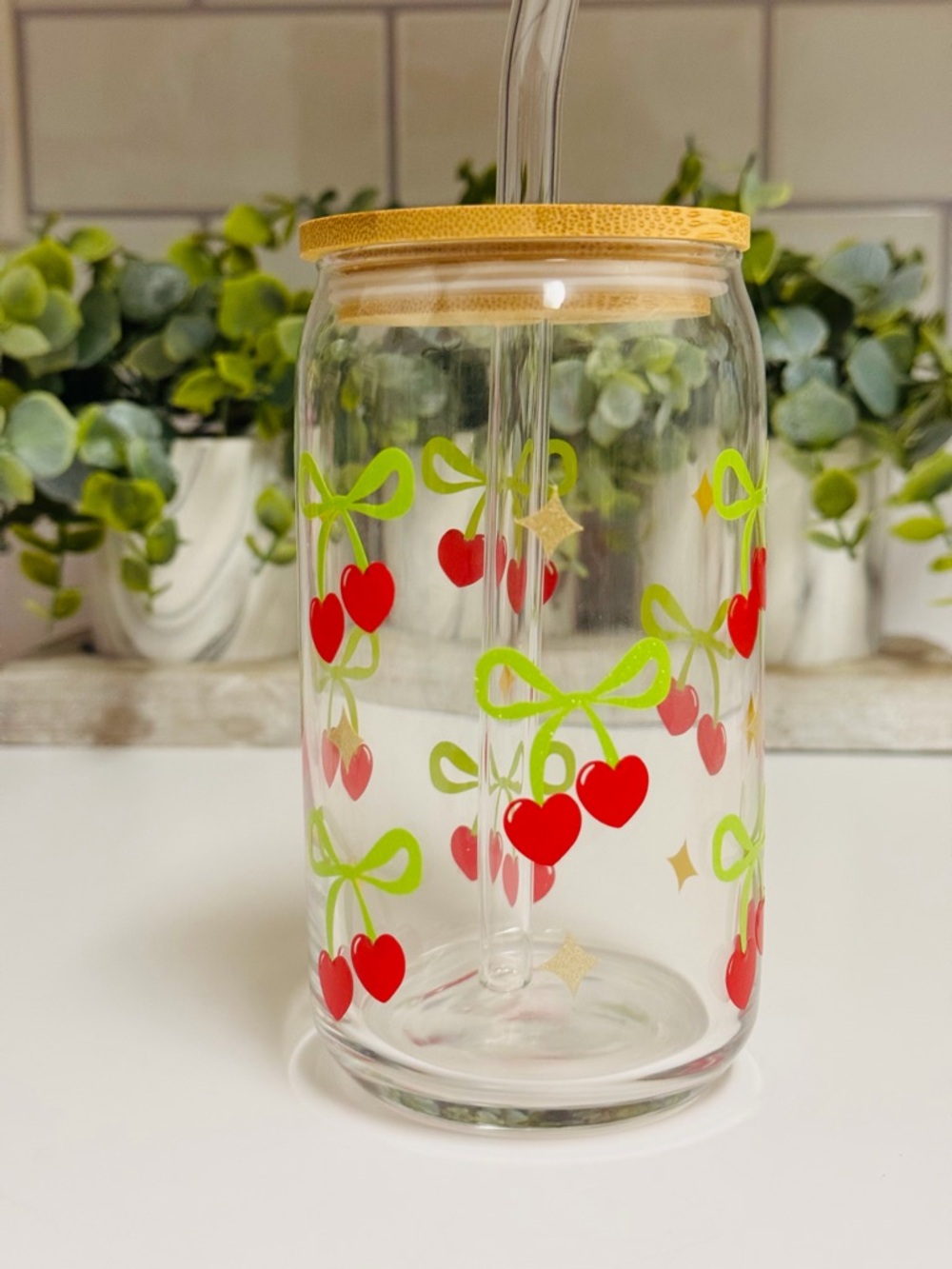 Cherry Bows Hearts 16oz Glass Can Cup